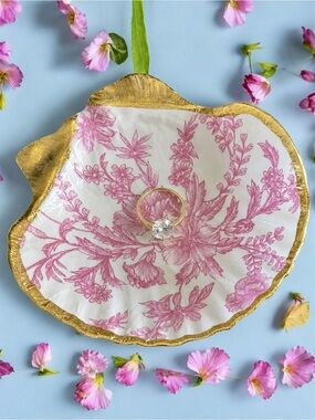Hand Crafted Pink Toile Trinket Shell Jewelry Dish